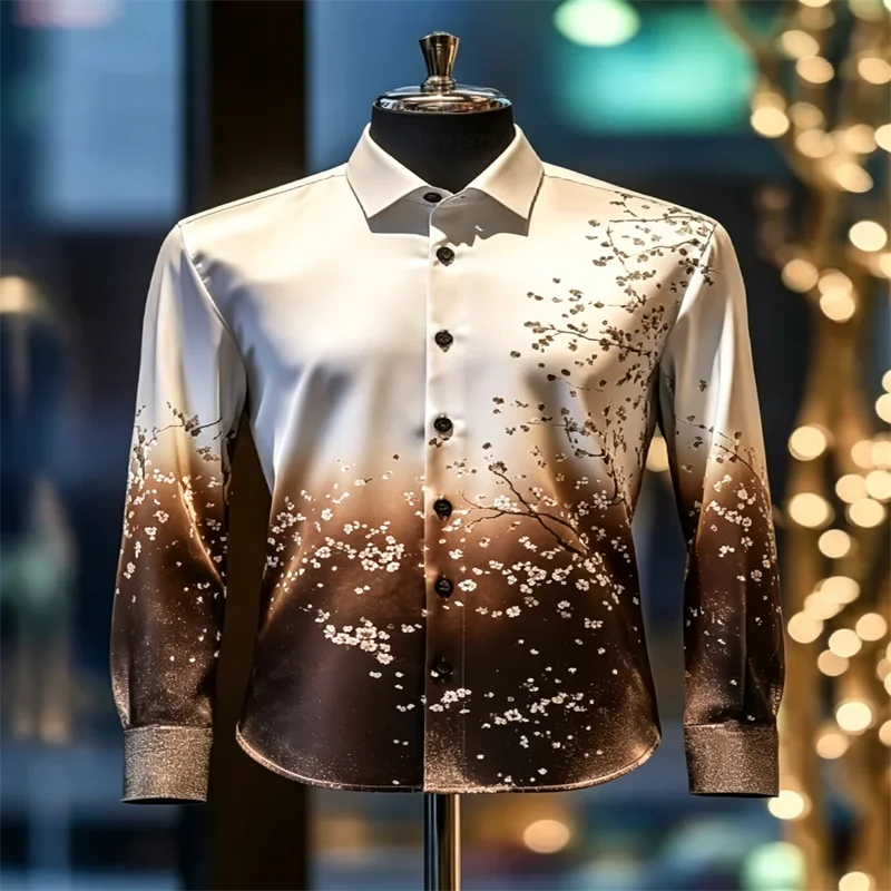 2026 New Men's Long-Sleeve Shirt – 3D Plum Blossom Gradient Print, 11 Colors, Collared Casual Button-Down – Stylish Men's Top