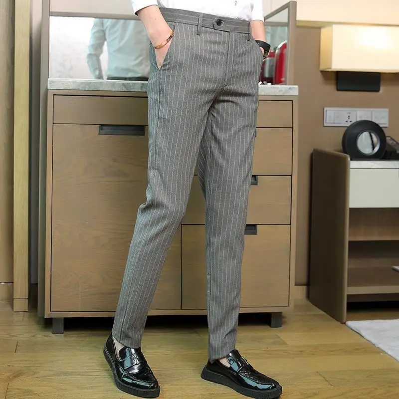 

Business Man Suits Pants Slim Fit Striped Social Tailoring Tressed Trousers for Men Clothes Offer Spring High Quality Slacks Up