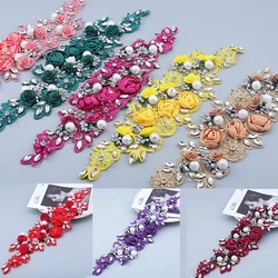11colors New Design Handmade 3d Flower Sew On Applique Embroidery Rhinestone Flower Patch For Wedding Dress