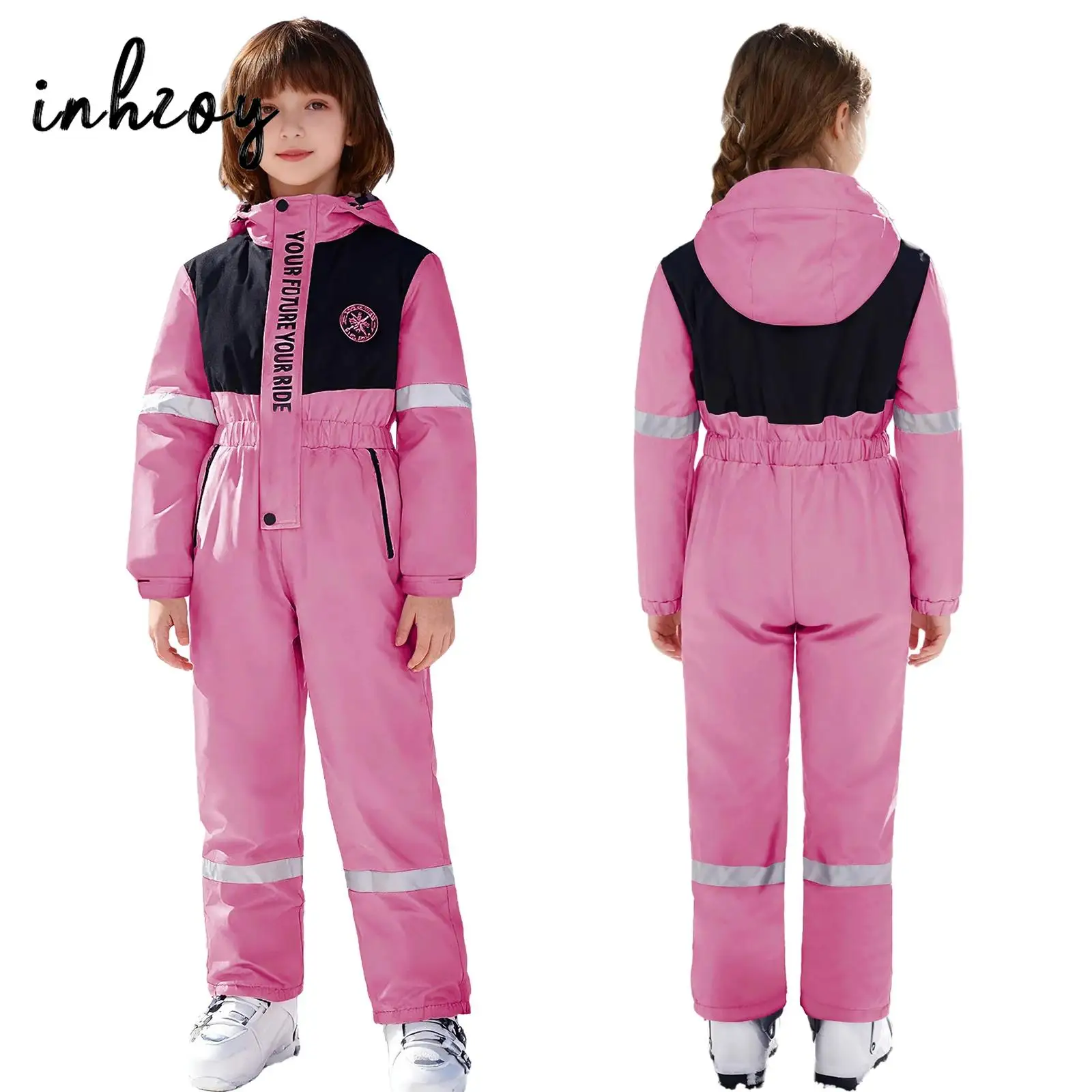 キッズガールズボーイズ反射ストリップスノースーツレタープリントスキーフード付きジャンプスーツ長袖スタンドカラー防水ボディスーツ
