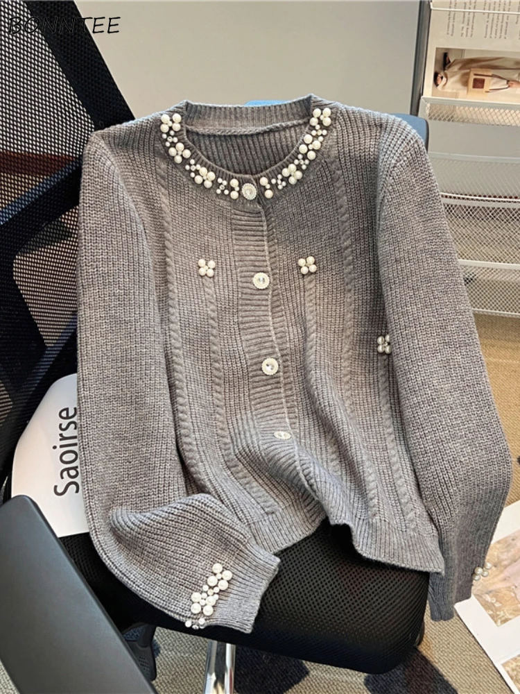 

Gentle Knitted Cardigans Women Beading All-match Knitwear Vintage Slim Spring Autumn Coat Sweater Aesthetic Womens Chic Daily
