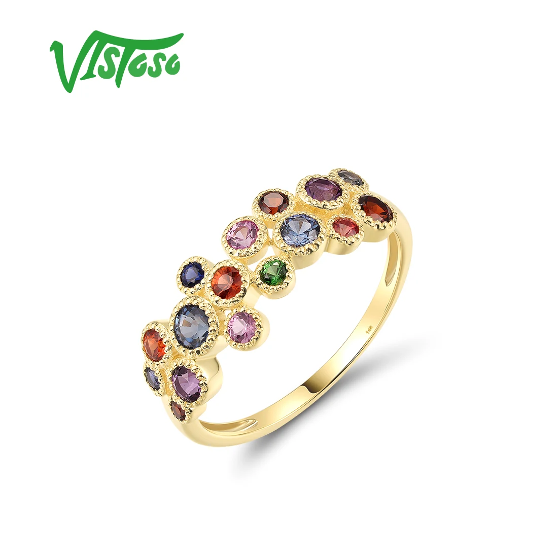 

VISTOSO Pure 14K 585 Yellow Gold Ring For Women Sparkling Mixed-Color Gems Trendy Bubble Fantastic Wedding Gifts Fine Jewelry