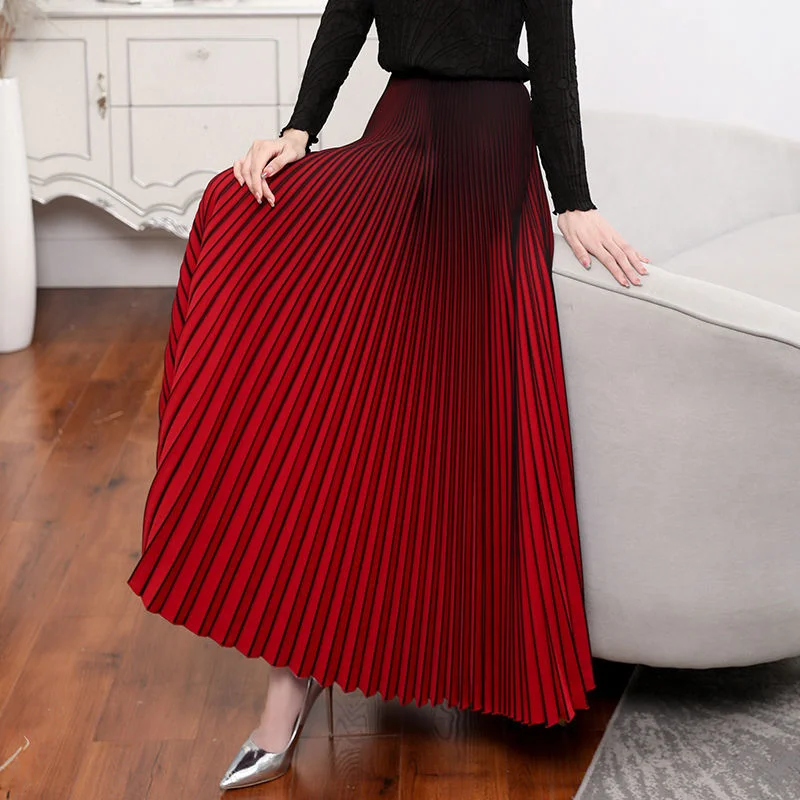

Elegant High Waist Pleated Skirt Gradual Color Slim Fit Large Size City Commute Polyester Fiber High Elasticity Breathable