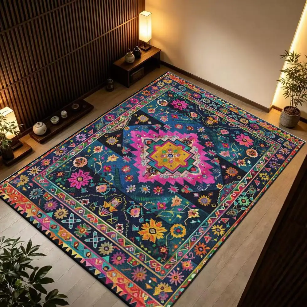 Colorful Bohemian Tribal Square Area Rug Bright Ethnic Floral Geometric Non-Woven Floor Carpet for Home Living Room Decor
