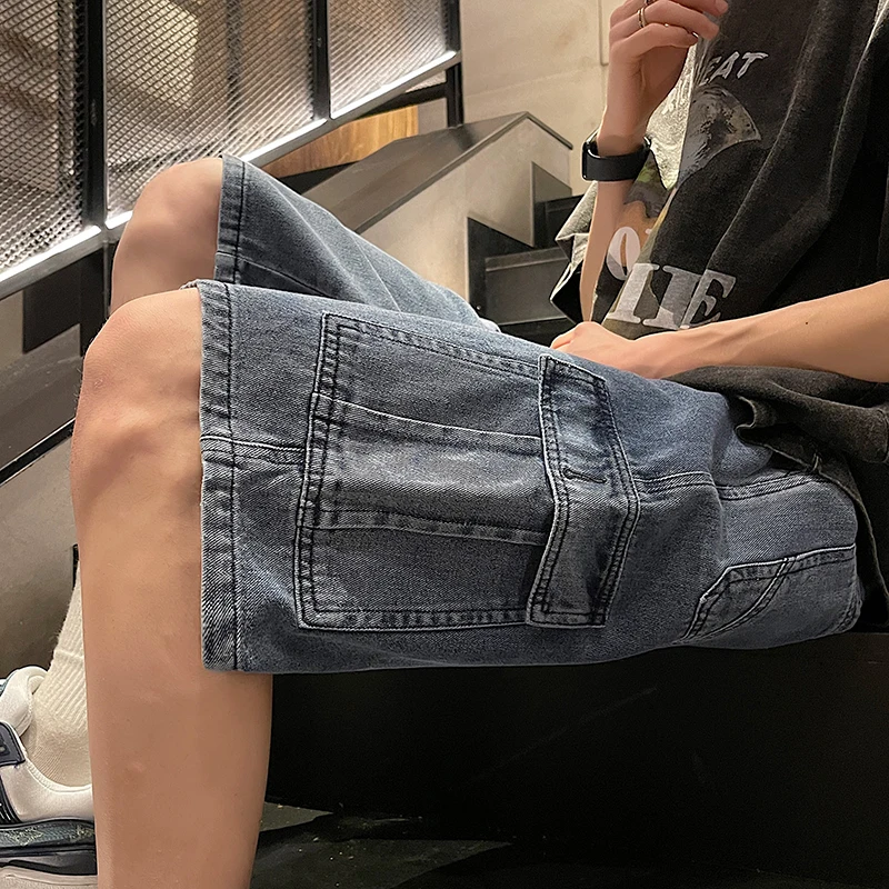 Men's Workwear Denim Shorts Y2k Street Hip-hop Clothing Korean Element Style Large Pocket Baggy Denim Shorts Loose Casual Capris