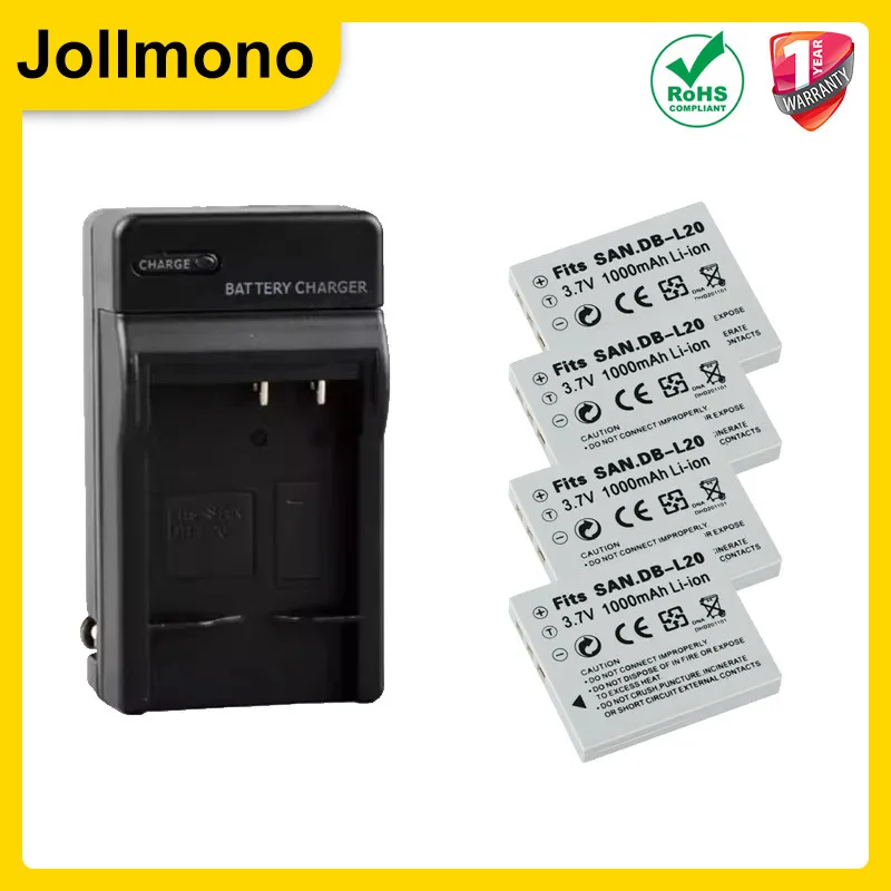 4Pcs DB-L20 DB-L20AU DB-L20A Battery + AC Charger for Sanyo Xacti VPC-C4V CG9 C1 CA6OR CA65 CA8 CA9 CG6 CG65 E1 E2 E6