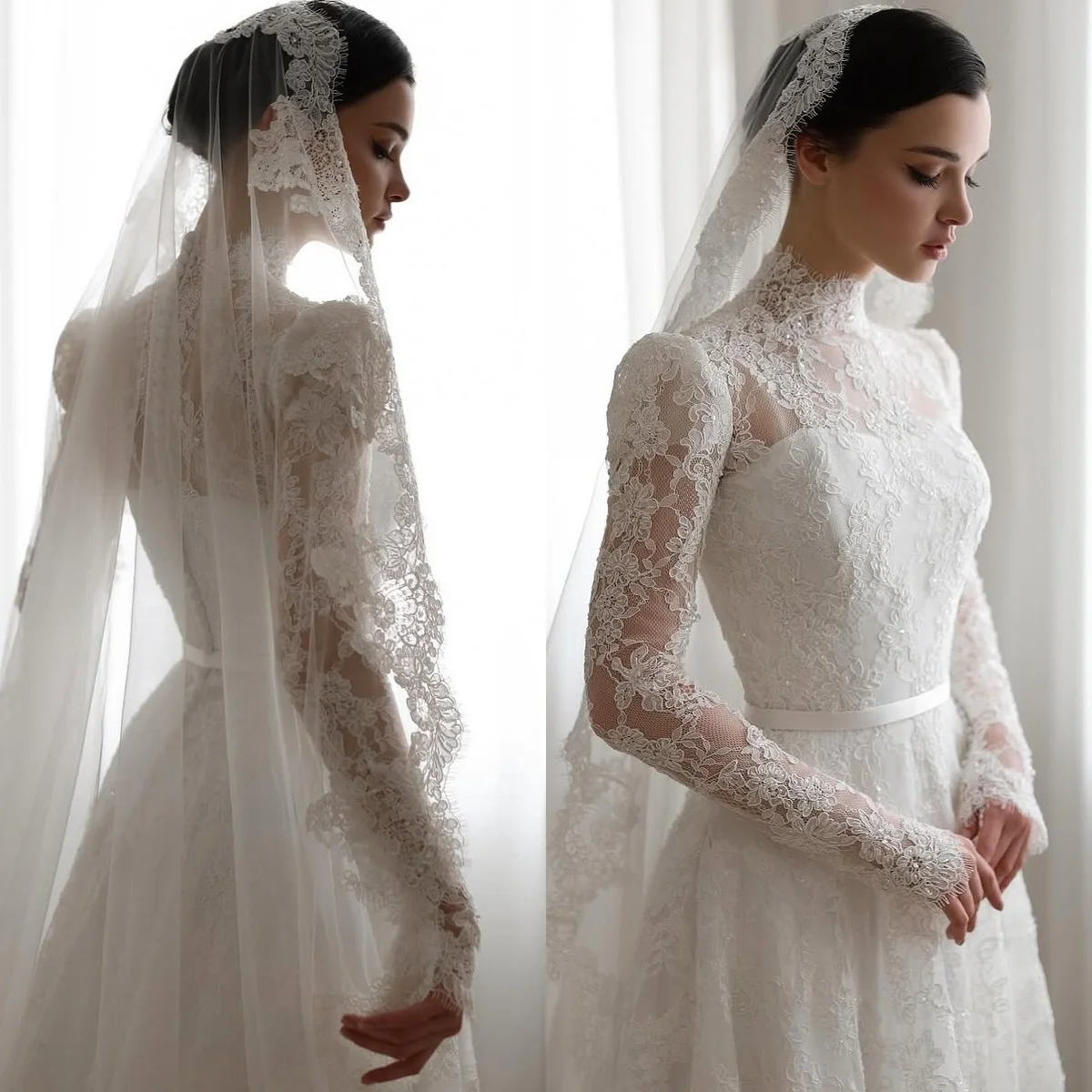 맞춤 제작된 흰색 레이스 클래식 웨딩드레스, 우아한 분위기의 몽환적인 지퍼 백 브라이덜 가운, 긴 소매와 하이 칼라 드레스