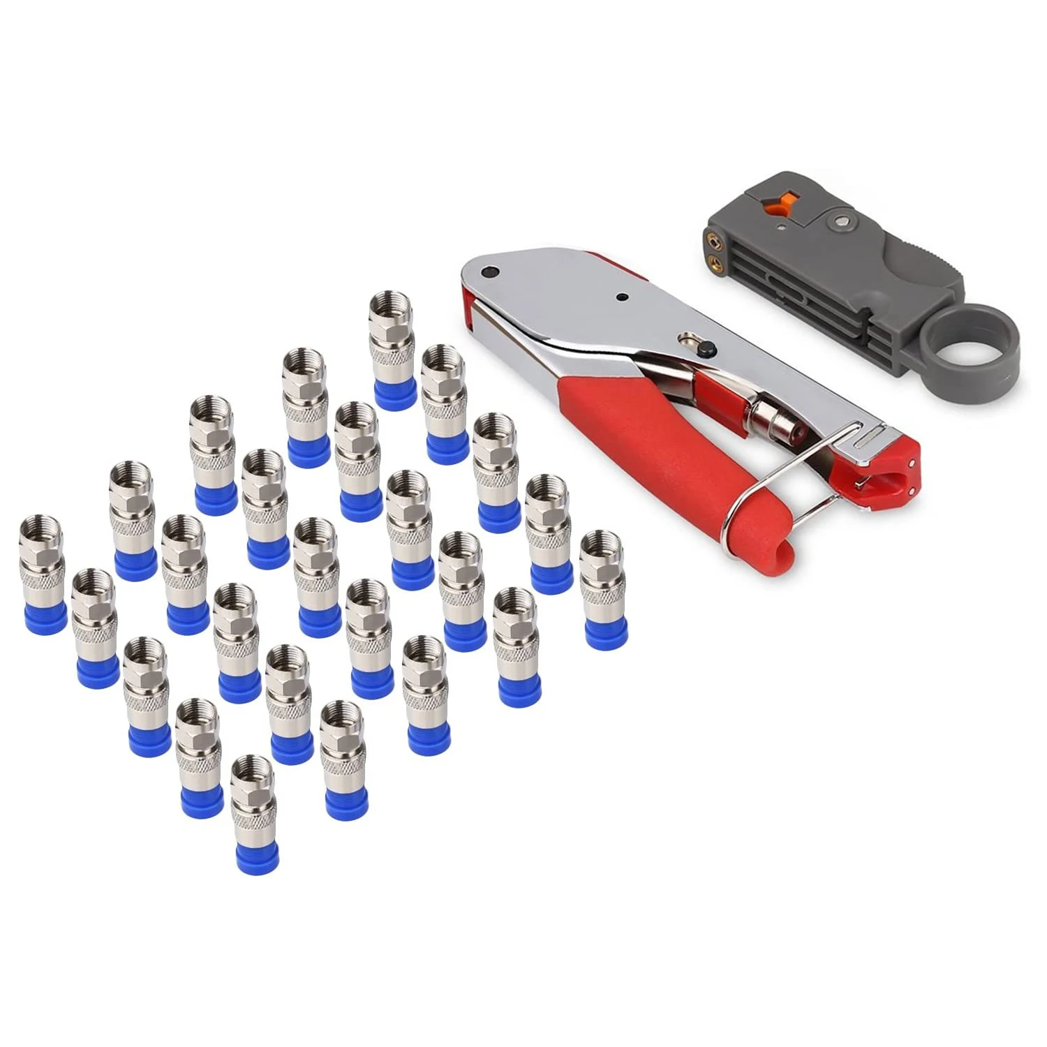 3 In 1 Tool Kit Coax Cable Crimper Coaxial Compression Tools Kit Wire Stripper with 20Pcs F RG6 Connector Tools Set