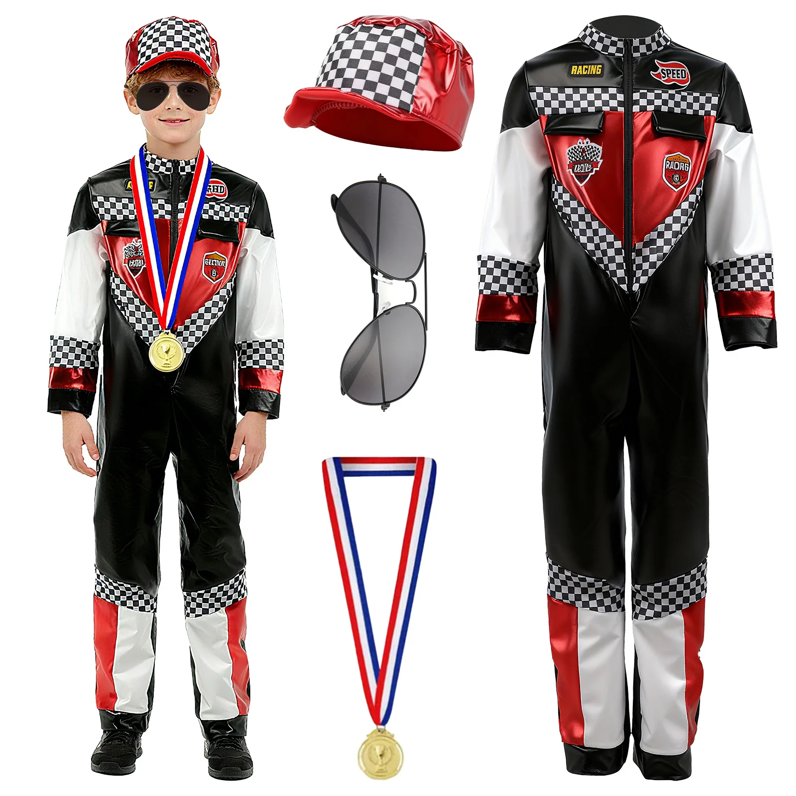 

Race Car Driver Costume Boys Racer Jumpsuit with Hat Glasses Medals Halloween Costume Cosplay Props