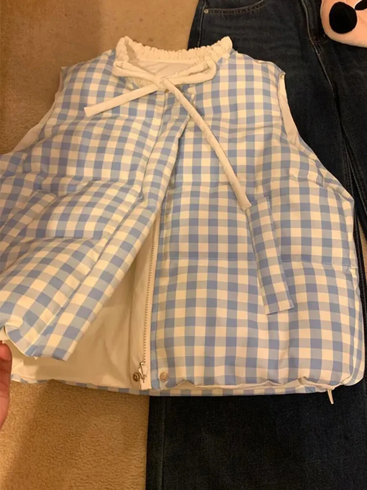 Sweet Plaid Bow Women Vest Sleeveless O Neck Preppy Double Sided Wear Casual Coats Korean Chic Student Zipper Cute New Outwear