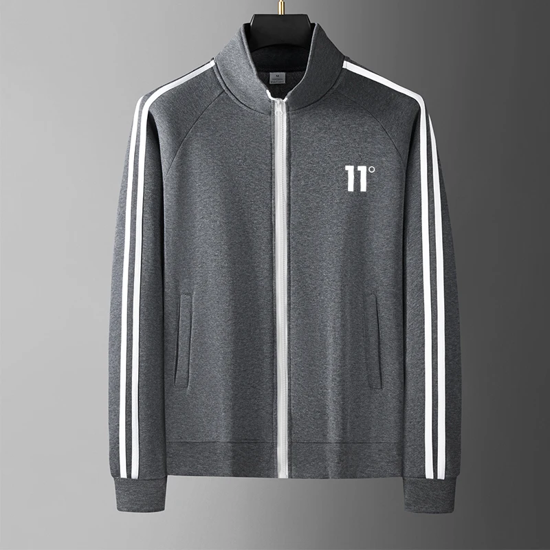 Men Casual Sports Track Jacket Stand Collar Full Zip 3 White Stripes Long Sleeve Sportswear Male Gym Running Training Outer Coat