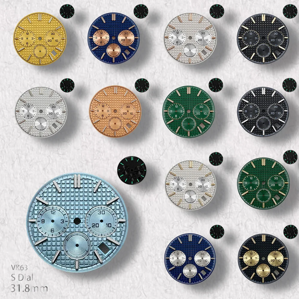 

High-Quality 31.8mm S Logo Panda Three Eyes Dial Fit VK63 Movement Green Luminous Dial Watch Modification Accessories