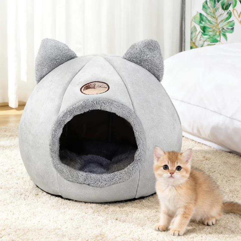 عش القطط الدافئ في الشتاء، نوم عميق دافئ، مادة ناعمة، قاعدة عش القطط، مقاومة للماء، مريحة لمنزل الحيوانات الأليفة المحمول بنصف الضميمة