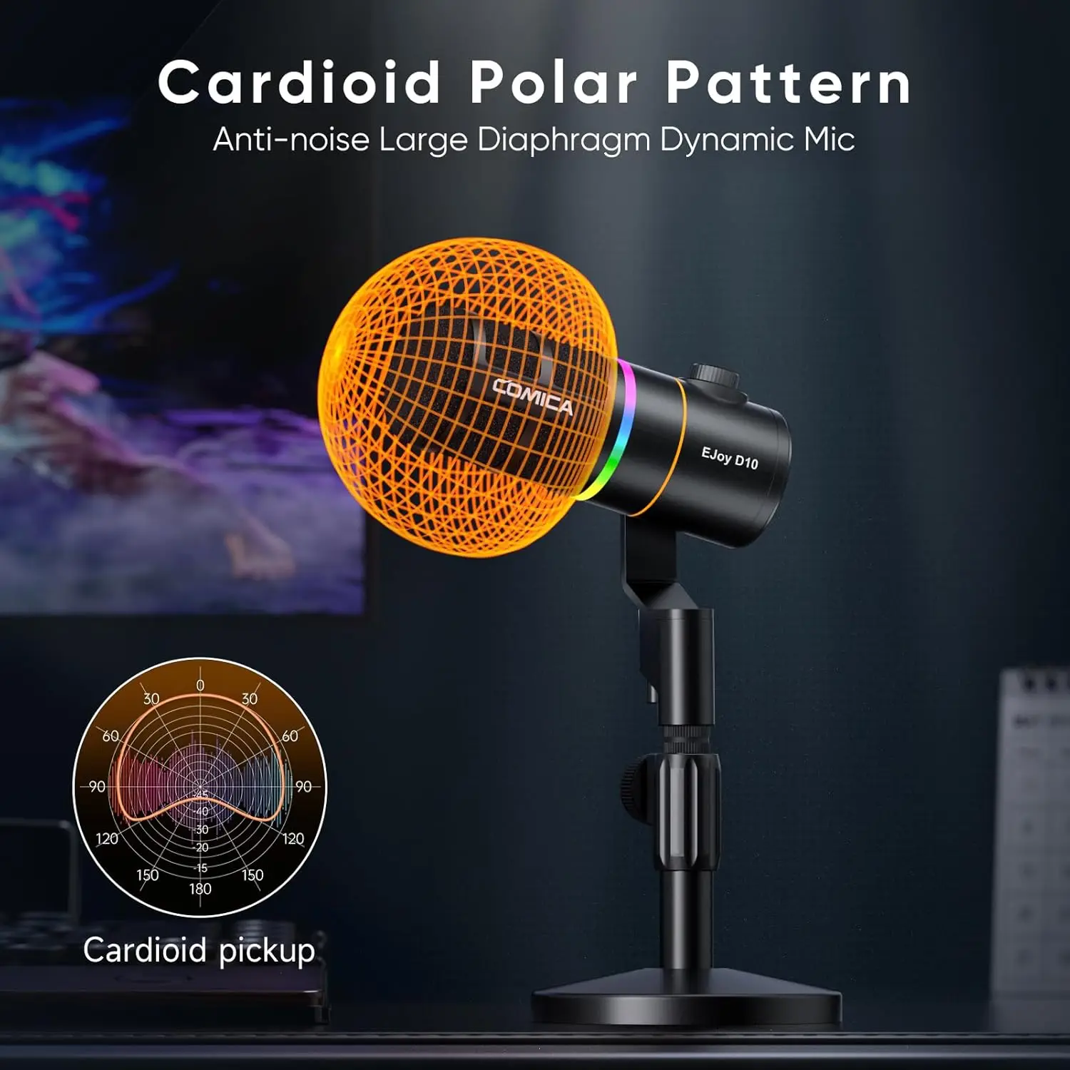 ميكروفون ألعاب Comica EJoy D10 USB ميكروفون ديناميكي RGB مع خاصية إلغاء الضوضاء، XLR/USB-C، ميكروفون استوديو احترافي للألعاب #3