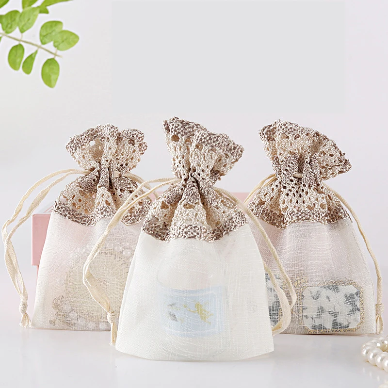 Lace Jewelry Drawstring Organza Bags, Pouches, Beige, Candy Packaging, Flower, Wedding Gift Storage, Craft Supplies, Wholesales