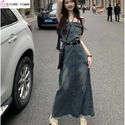 2024 Spring/Summer Korean Edition New Fashionable Bra Denim Dress with a Slim Waist and Spicy Girl Long Dress