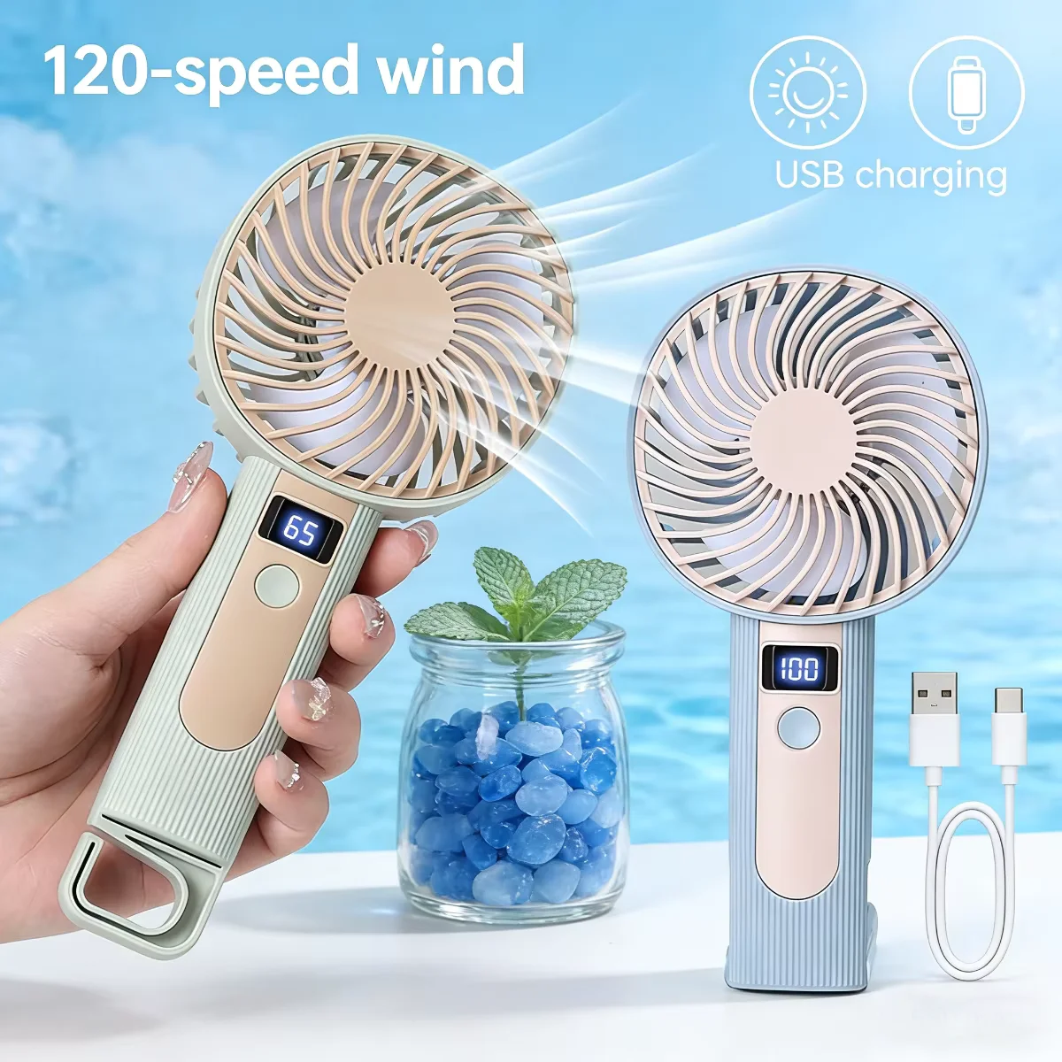 Mini USB Rechargeable Handheld Fan Digital Display 120 Speeds Stand or Handheld Compact Portable Personal Cooling Fan