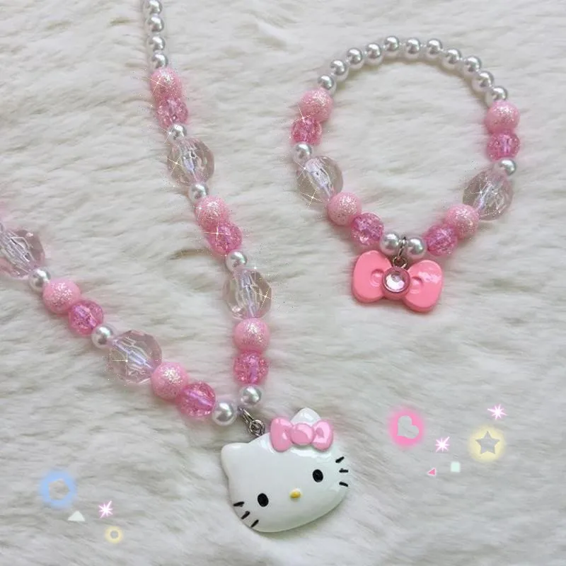 Y2K Hello Kittys Necklace Anime Kt Colorful Beaded Bracelet Ring for Children Party Jewelry Princess Hairpin Girl Birthday Gift