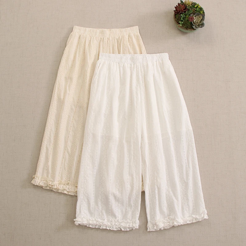 

Sweet Mori Girl Embroidery Hollow Out Cotton Nine Point Pants Women Autumn Elastic Waist Casual Loose Wig Leg Pants White