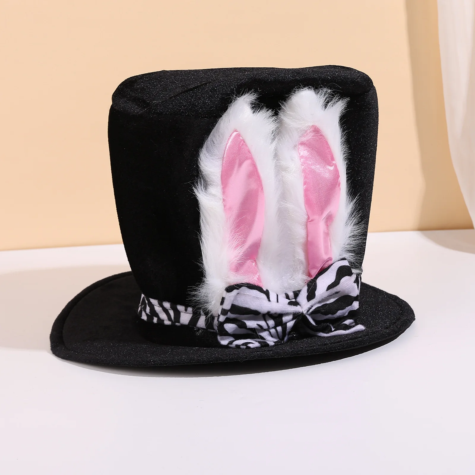 Easter Bunny Hat with Rabbit Ears, Costume Party Fancy Dress Top Hat, White Fluffy Prop for Performance & Decoration