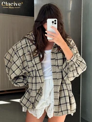 Clacive Fashion Loose Plaid Cotton Women Shirts 2025 Casual Lapel Long Sleeve Shirt Elegant Classic Pockets Top Female Clothing