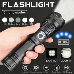 Super Bright 90000 Lumens XHP70 LED Flashlight, USB Rechargeable, Waterproof, 5 Modes, Zoomable Outdoor Torch Battery Included