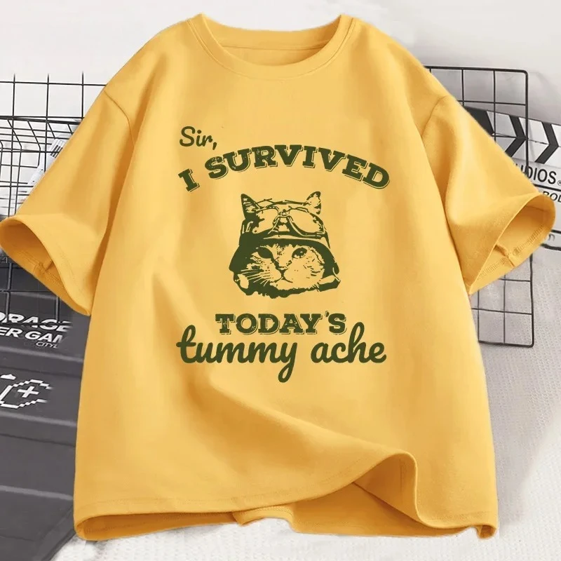 Eu sobreviviu a barriga de hoje, dor na barriga, falta da camiseta, gato engraçado, gatinho, estampa, camiseta feminina, roupas de grife, camiseta gráfica y2k