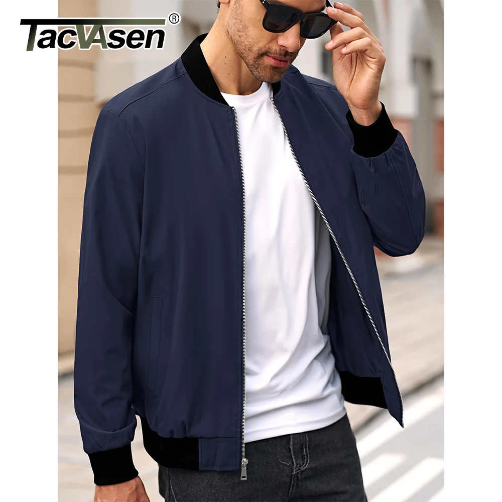 TACVASEN Men\'s Varsity Jacket Autumn Lightweight Windproof Full Zip Up Bomber Jacket Waterproof Outdoor Sports Casual Coat