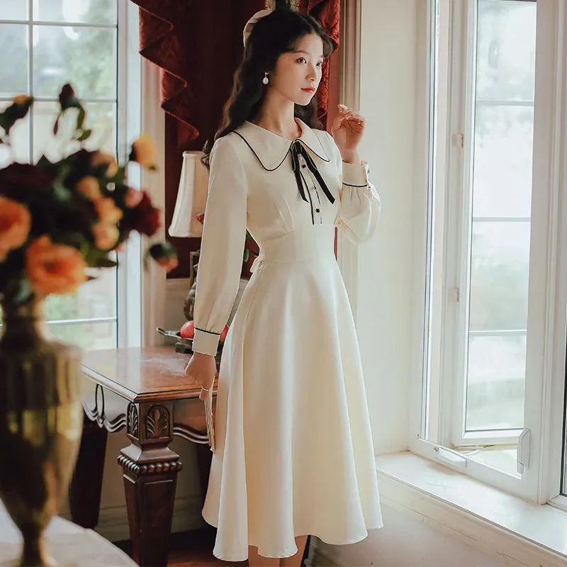 

Vintage Solid Long Sleeve Bow Peter Pan Collar Woman Dress for Women Clothing Autumn 2024 New Preppy Style Midi Dresses N14