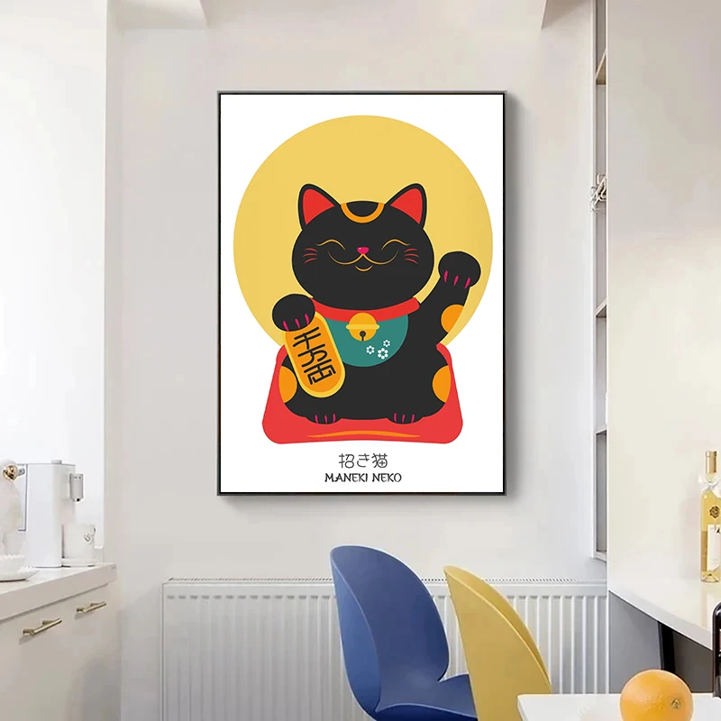 Japanese Lucky Cat Maneki Neko Posters and Prints Canvas Painting Wall Art Picture for Living Room Home Decor Gift Cat Lovers