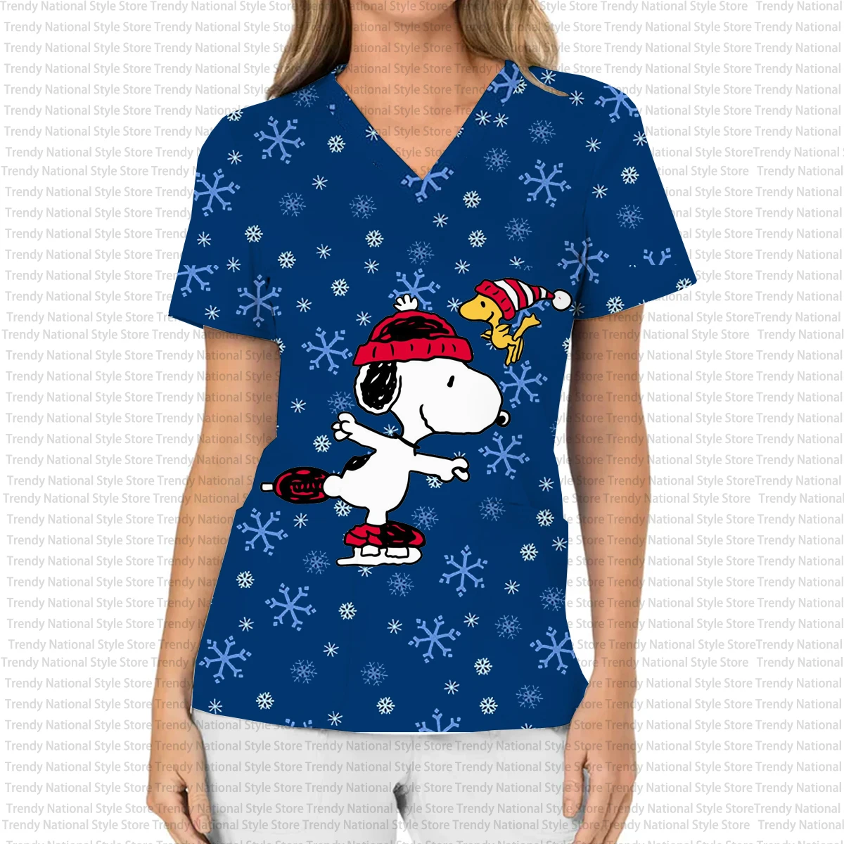 2025 delle nuove donne di alta qualità del fumetto di Natale Snoopy stampa con scollo a V tasca Scrub Top Dental Pet Shop salone di bellezza T-shirt