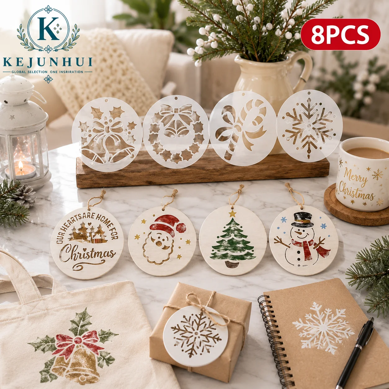 8Pcs Christmas Ornament Stencils Reusable PET DIY Painting Templates Xmas Tree Santa Snowflake Window Mug Wood Holiday Crafts