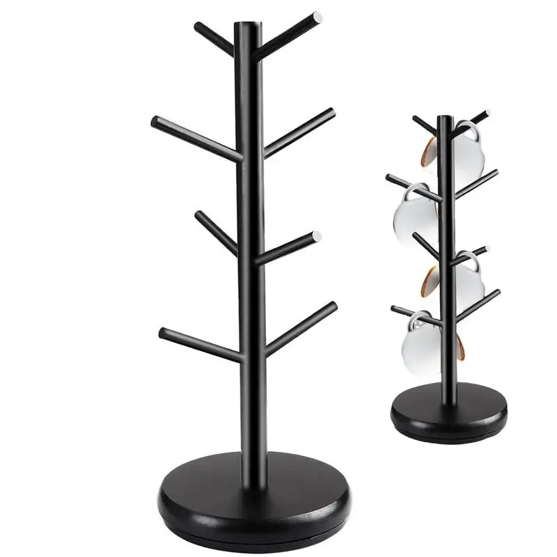 Coffee Mug Tree 360 Rotated Coffee Cup Tree With 8 Hooks Coffee Counter Bar Multifunction Display Rack Thicker Base Black Wooden