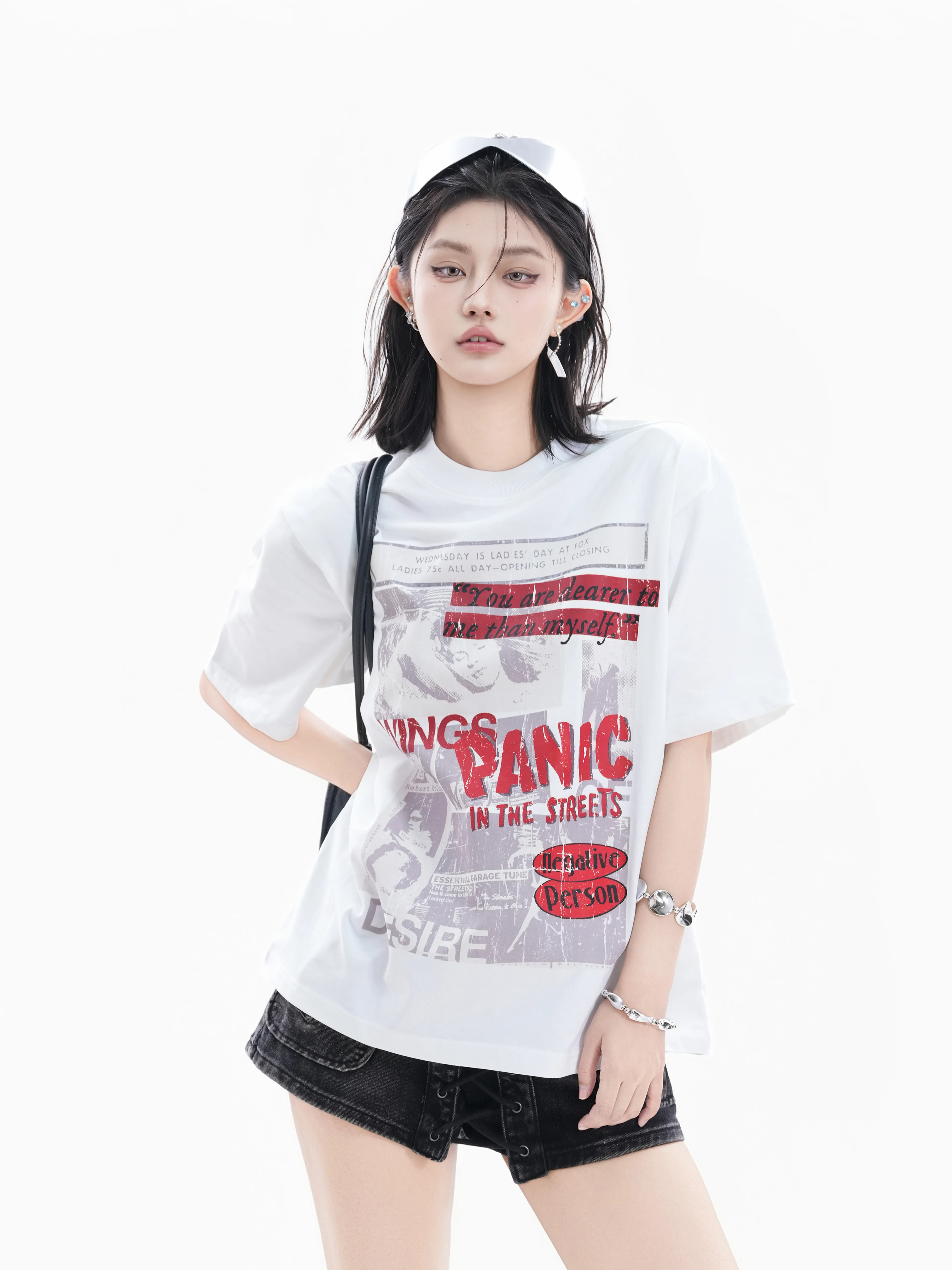 

Retro American Style Cotton Short Sleeve T-Shirt Women Loose Couple Print Worn-look round Neck Casual Summer Top