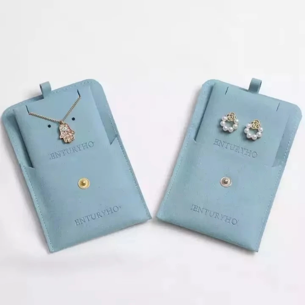 50PCS Custom Logo Snap Blue Suede Jewelry Earring Pouch With Box And Insert Pad,Suede Microfiber Jewelry Pouches for Wedding