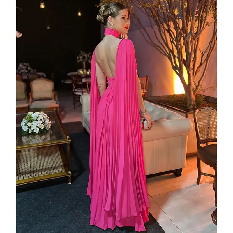 Sexy Long V-Neck Evening Dresses with Cape Pleats A Line Prom Gown Floor Length Backless Chiffon Womens Summer Special Occasion