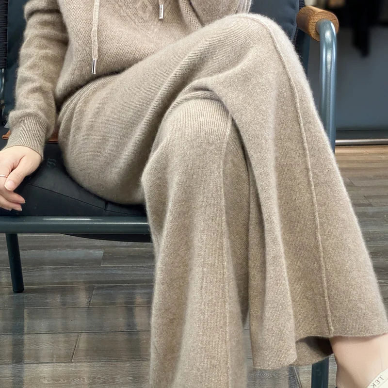 Wool Knitted Wide leg Pants for Women in Autumn and Winter, with a Draping Feel and Straight Tube Wool Casual Woolen Pants