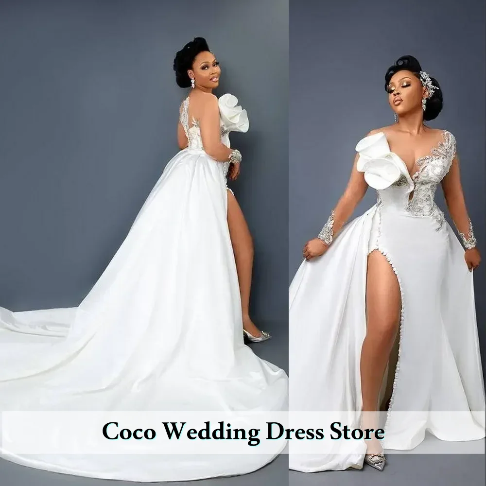 Customized Elegant Mermaid Wedding Dress Sexy V-neck Applique Wrap Hip Side Slit with Bridal Ball Party Dress Vestidos De Noiva