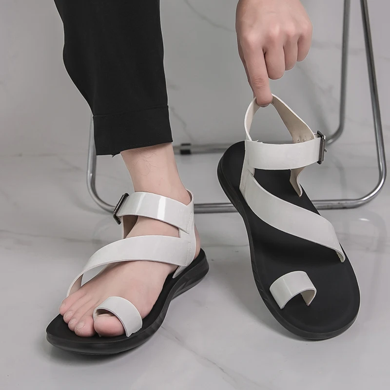 

Italian Summer Soft-soled Comfortable Breathable Low-heeled Thick-soled Sandals Leather Roman Open-toe Black Outdoor Beach Shoes