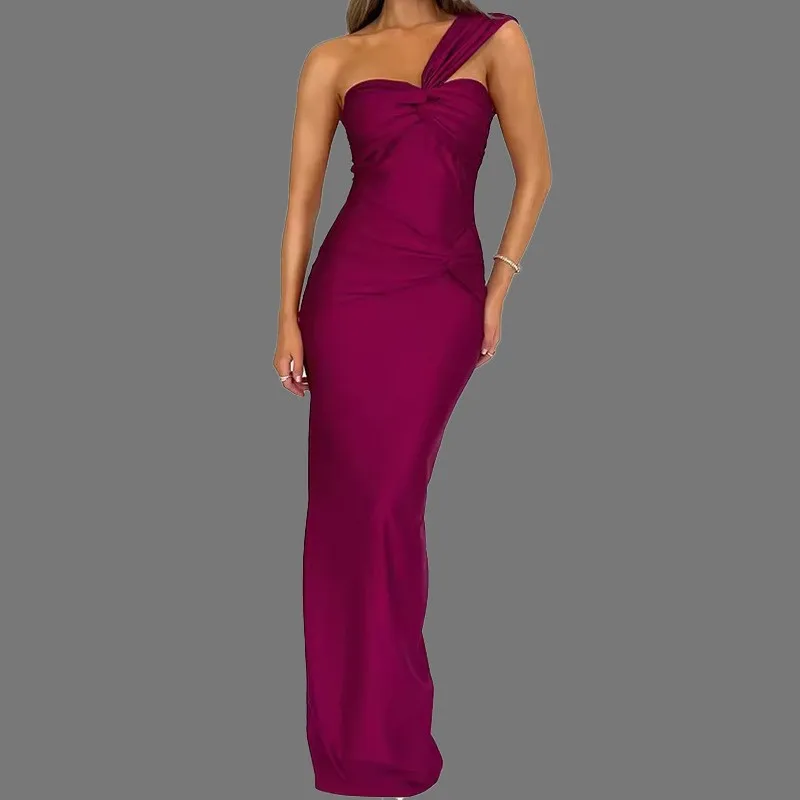 Elegant Party Dress For Woman Evening Long Sleeveless Off Shoulder Wrap Front Maxi Dress Satin Magenta Black Solid Color