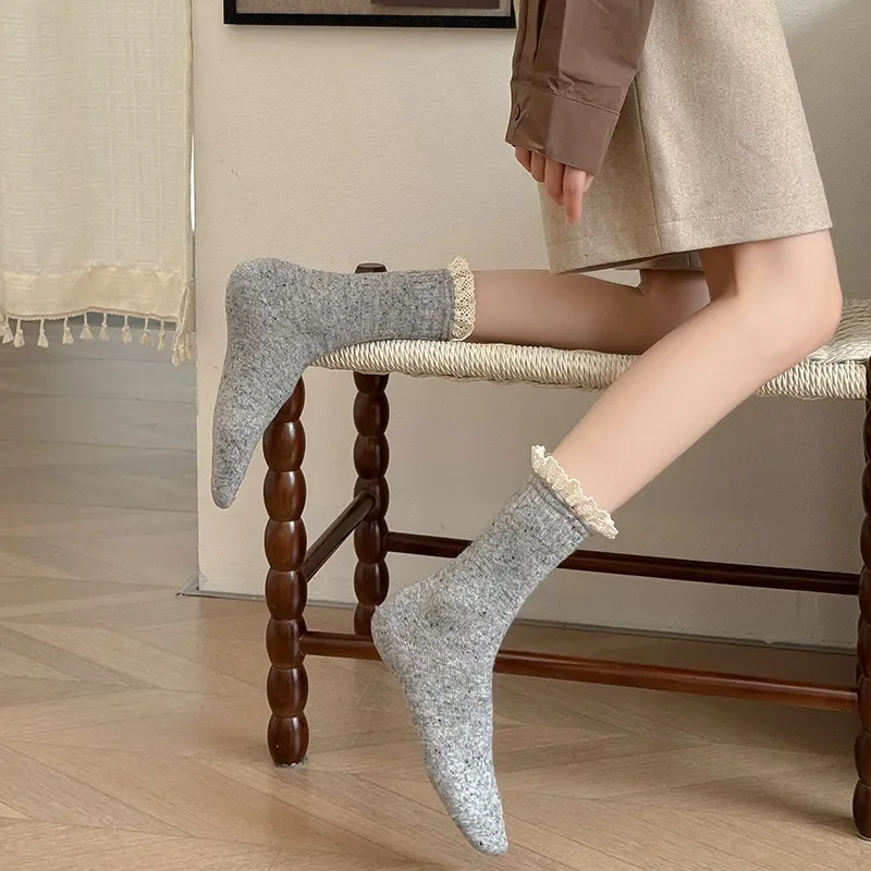 أسود أبيض رمادي الجوارب الطويلة اليابانية موضة الكورية أنماط لوليتا الدانتيل كشكش الجوارب خمر الأوسط جوارب أنبوبية النساء الألوان الصلبة #6