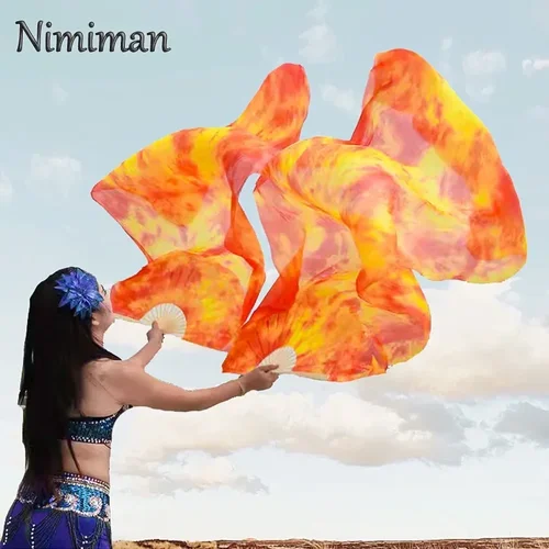 Abanico de danza del vientre de alta calidad, 100% seda Real/seda de imitación, actuación de danza hecha a mano, 1 par de colores degradados de mano izquierda y derecha
