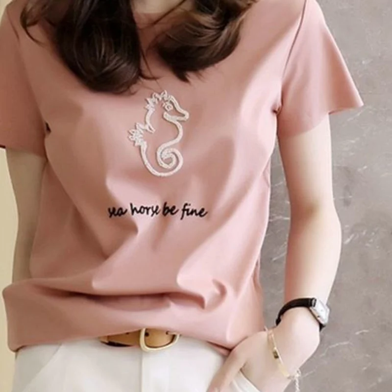 2023 Summer New Fashion Cotton Comfortable T-Shirts Women Round Neck Short Sleeve Kawaii Printing Pullovers Korean Style Tops