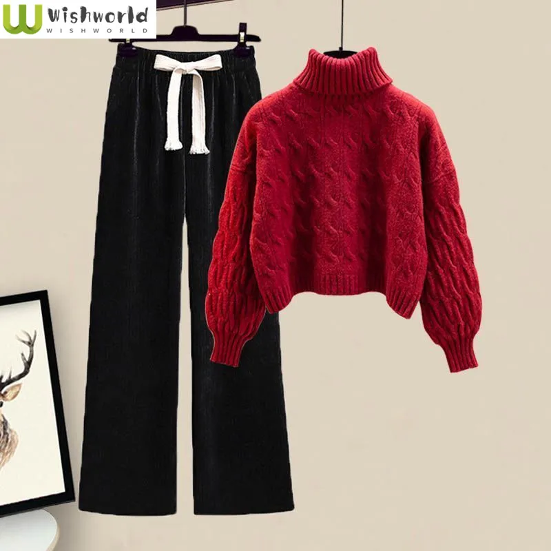 

Winter Water Wave Half-high Neck Knitted Sweater Pullover Casual Lace-up Wide Leg Pants Two Piece Elegant Women's Pants Set