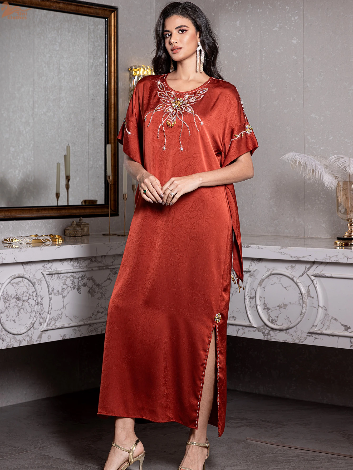 Ramadan Marokkaanse mode met strass versierde Abaya Dubai vlindermouwen maxi-jurk kaftan met splitzoom