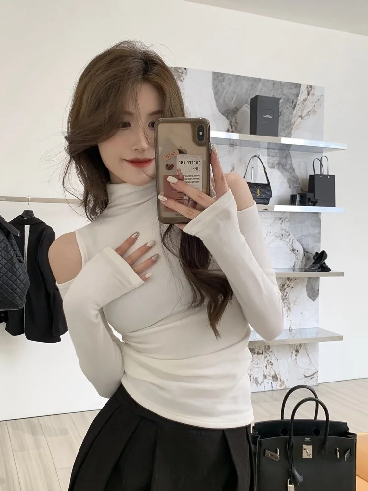 Turtleneck T-shirts Women Slim Long Sleeve Designed Sexy Autumn Tops Elegant Office Lady Sweet Temper All-match Popular Korean