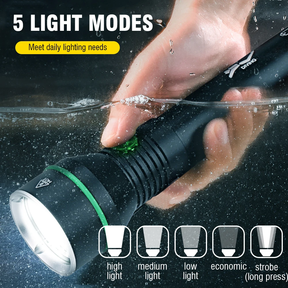 BORUiT Diving Flashlight IPX8 High Waterproof Professional Underwater Lamp Scuba Light 18650/26650 Battery With Hand Rope