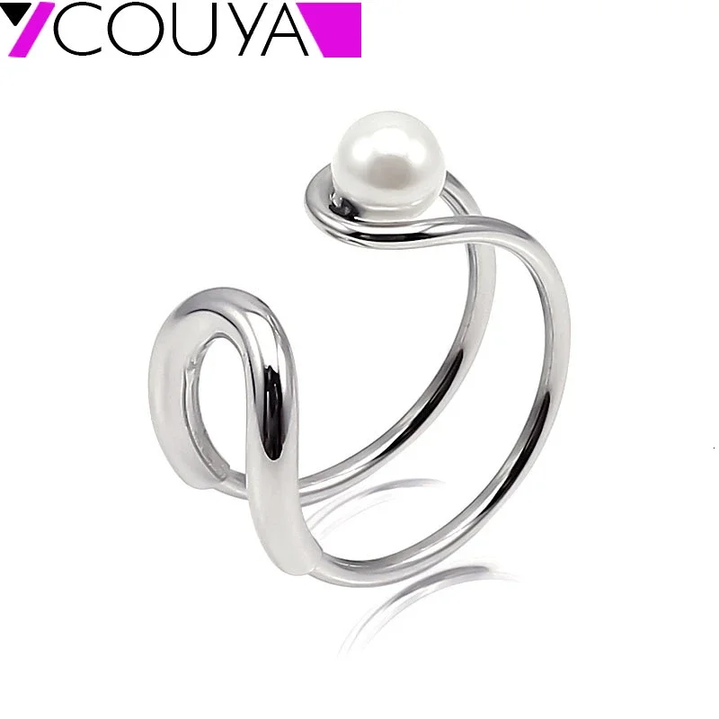 Classic Paper Clip Pearl Rings for Women Simple Stylish Stainless Steel Rings Silver color bagues pour femme adjustable size