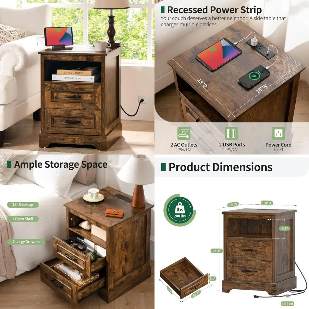 Charging Station Farmhouse Nightstand, Wooden Drawer Nightstand, Bedside Table with Storage Shelf, Rustic Style Nightstand