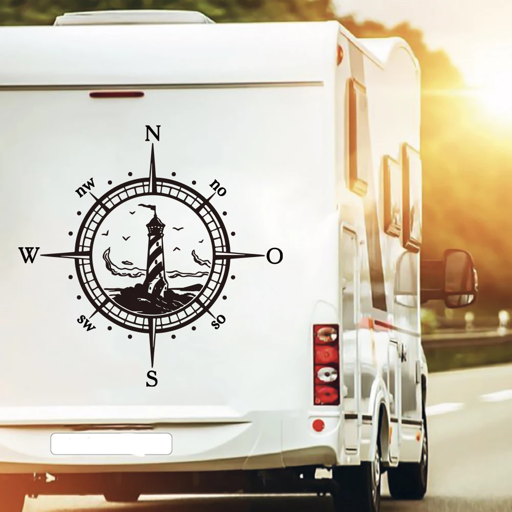 Compass with Lighthouse Car Sticker Explore Travel Adventure Auto Vehicle Decal Hood Bonnet Bumper Camper Rv Motorhome